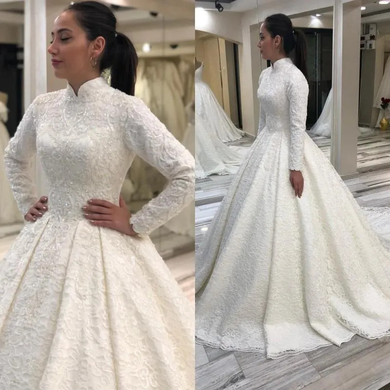 Dubai Arabic Muslim High Neck Ball Gown Wedding Dresses 2020 Long Sleeve Beading Lace Bridal Gowns Court Train Vestidos De Novia AL5084