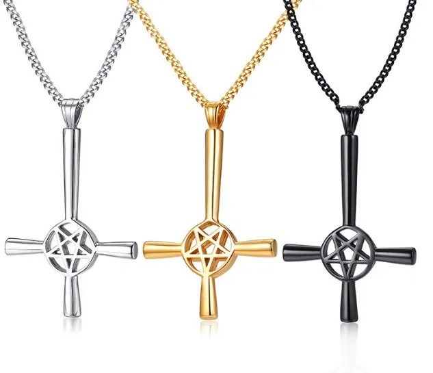 Offres quotidiennes Choisissez argent or noir acier inoxydable Satan debout à l'envers étoile croix pendentif hommes collier bijoux de mode 4mm24 pouces