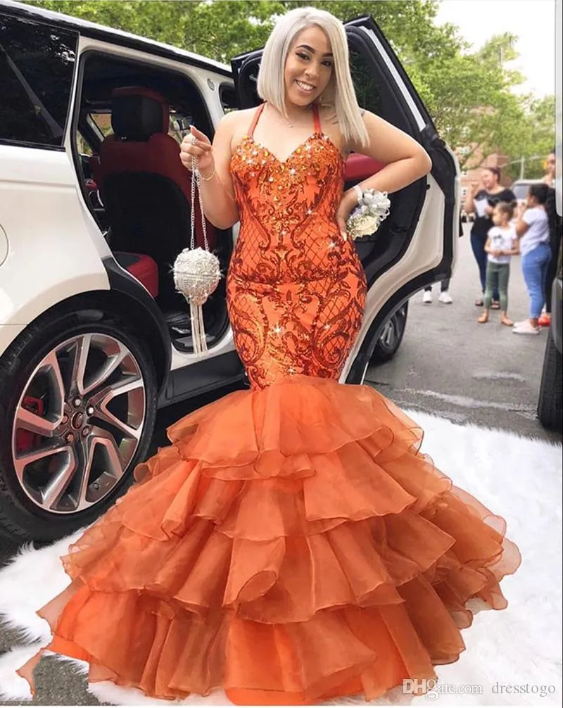 Orange Black Girl Mermaid Prom Dresses Long Beaded Halter Neck Plus Size Evening Gowns Sequined Floor Length Tiered Lace Formal Dress
