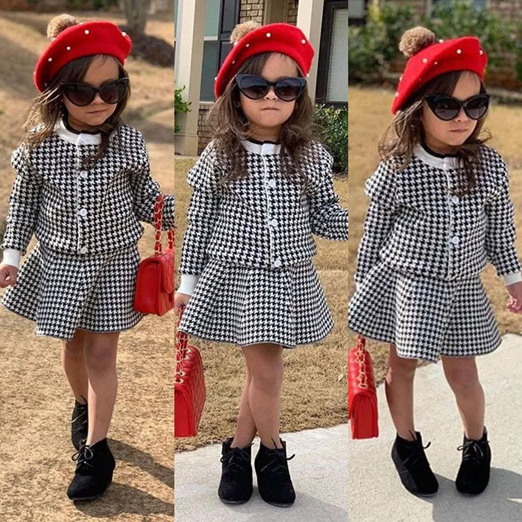 Kinder Designer-Kleidung Mädchen Kleinkind Little Lady Prinzessin Röcke Sets Langarm Dicke Plaid Mäntel Jacke Rock Stricken Häkeln