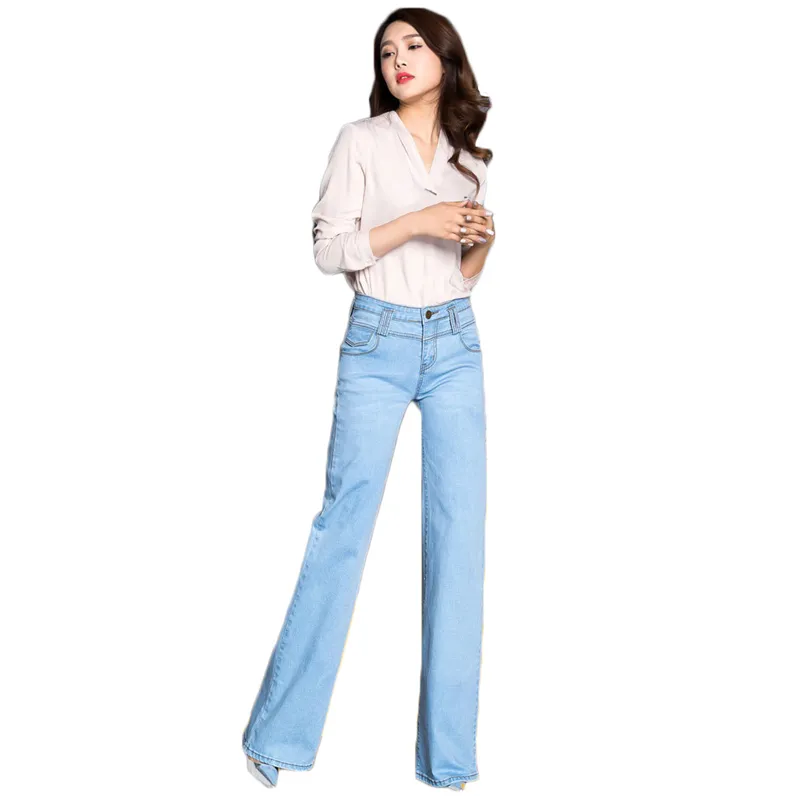Mama dżinsy jasnoniebieski czarny plus rozmiar szerokie spodnie nogi 2019 nowa wiosna koreański przypadkowy flary długi luźny talia dżinsy feminina LR5 Y19042901