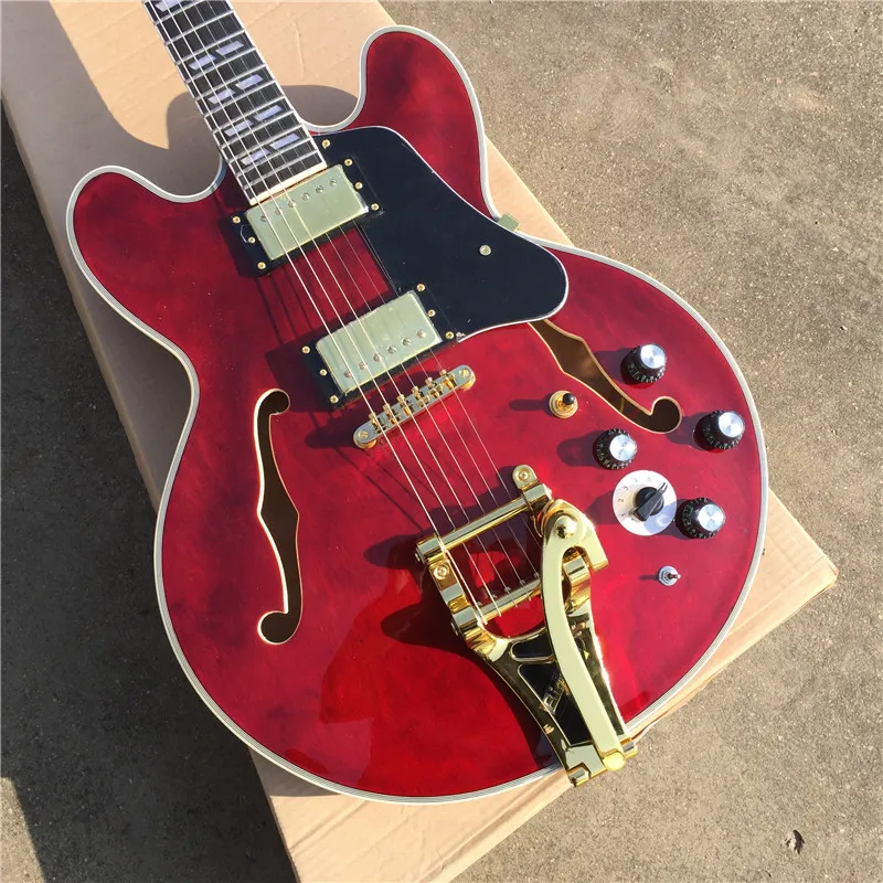 Custom Transparent Red Semi Hollow Jazz Electric Guitar Tremolo System Gold Schwarz Pickguard Palisander Griffbrett