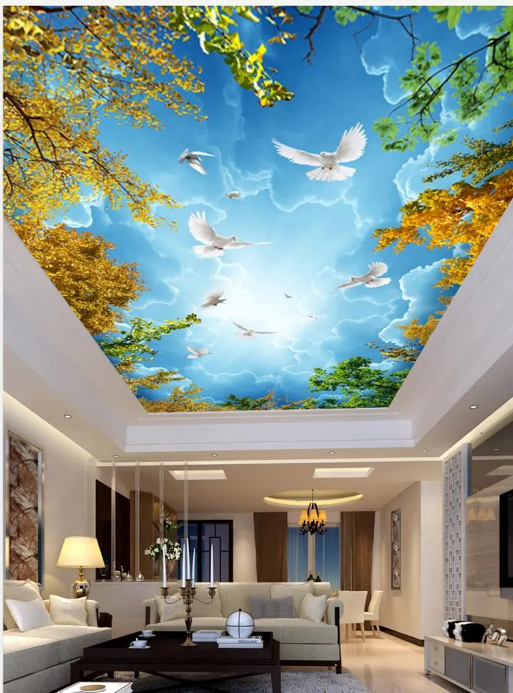 Blue Sky And White Clouds Ceiling Mural Wallpaper For Living Room