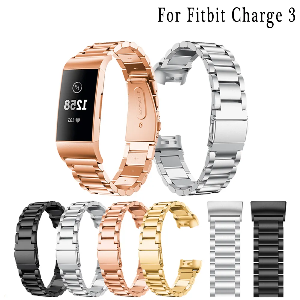Stainless Steel Bracelet Straps Smart Wristband Link Replacement Folding Clasp For Fitbit Charge 3 Charge3 Fitness Band Metal Strap