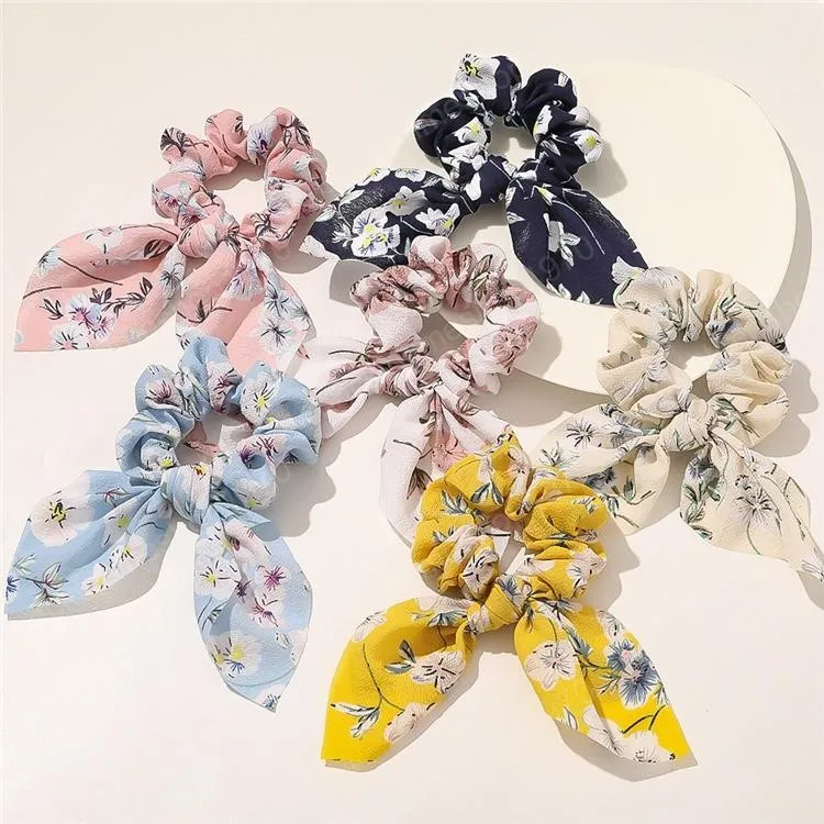 8 color Flower headband Bunny Ear Scrunchies Ponytail Holder hairbands Girl Elastic Knot Bow hair Bands hair accessories