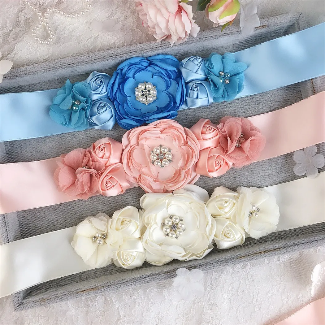 El yapımı Düğün Gelin Nedime Kemer 2019 Kadın Kızlar Anne Kızı Kıyafeti Kanat Çiçekler İnciler 8 Renkler Fildişi Pembe Mavi Annelik
