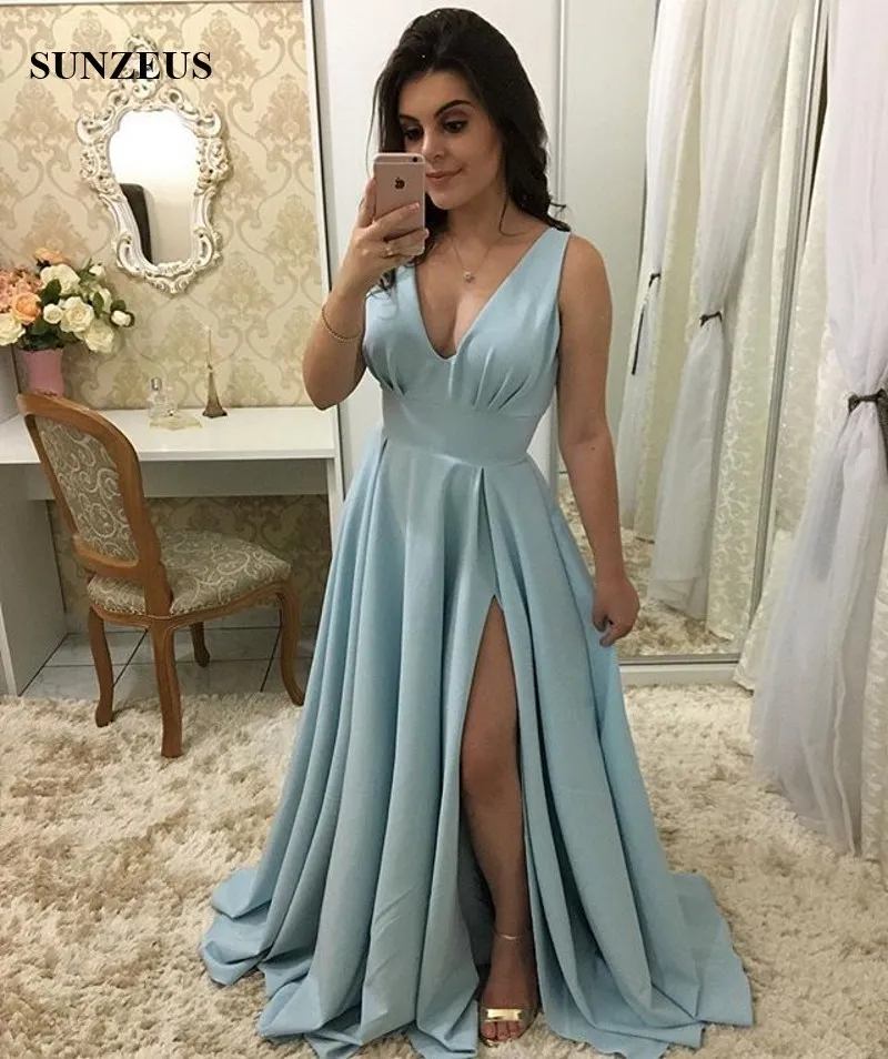 Vestido elegante para festa de casamento a linha de decote em v tanque azul  vestidos de dama de honra longo side fenda vestidos prom robe demoiselle