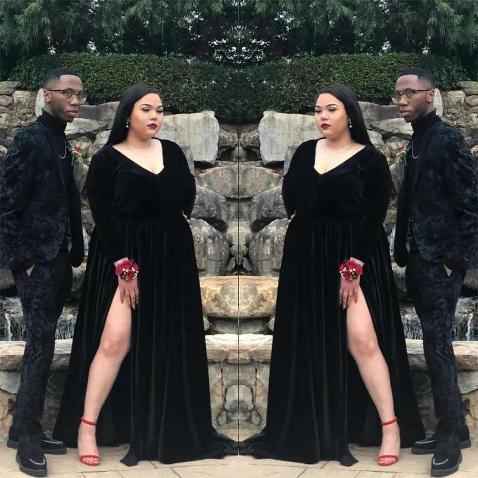 Artı Boyutu Afrika Siyah Kadife Uzun Gelinlik Modelleri Tam Kollu Örgün Abiye giyim Yan Bölünmüş Parti Gala Elbise Ucuz Robe de Soirée SD3385