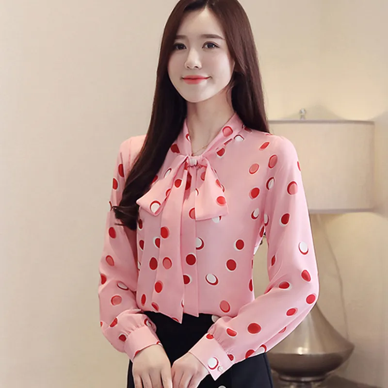 Vrouwen blouses 2019 lente nieuwe stropdas met boog mode roze lange mouwen chiffon dames tops elegante gedrukte dots blouse