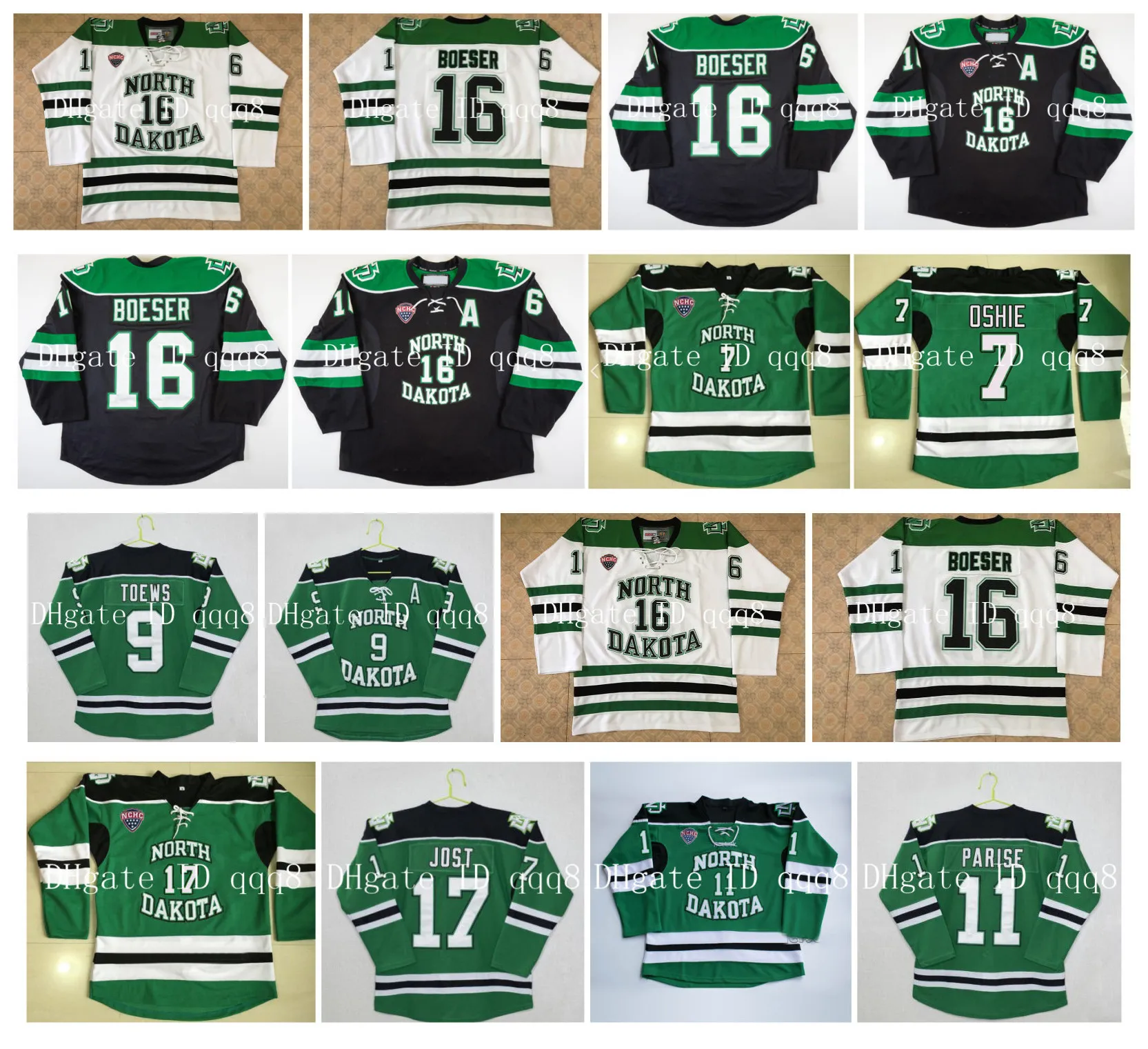 North Dakota Fighting Maglie Sioux 11 Zach Parise 9 Jonathan Toews 16 Brock Boeser 7 T.J.Oshie 17 Tyson Jost Green White Hockey Jersey