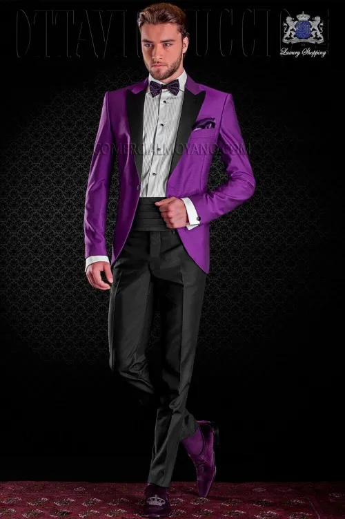 Purple Groom Tuxedos Black Peak Lapel Mężczyźni Ślub Tuxedo Moda Męska Kurtka Blazer Mężczyźni Prom Kolacja / Darty Garnitur (Kurtka + Spodnie + Krawat + Opas) 1542