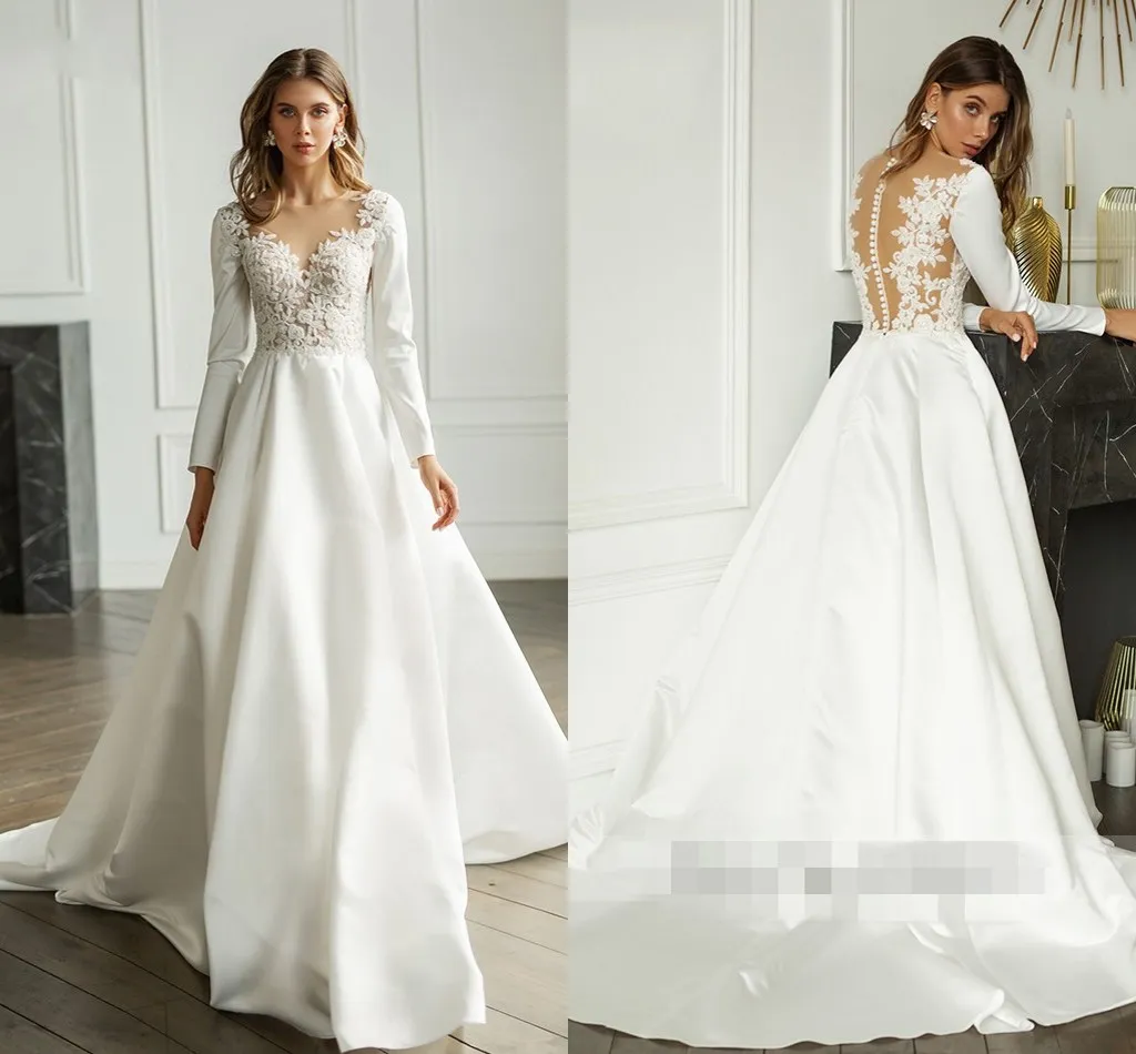 Simple Princess A-line Wedding Dresses Empire Waist Lace Beaded Long Sleeve Hollow Back Wedding Guest Dress Bridal Gowns robes de mariée