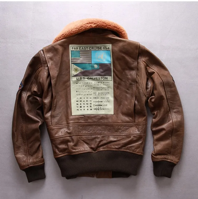 HOUSTON FAR EAST AIR FORCE ミリタリージャケット Mens Genuine Leather Jacket, Short Lapel Collar, Zipper Closure
