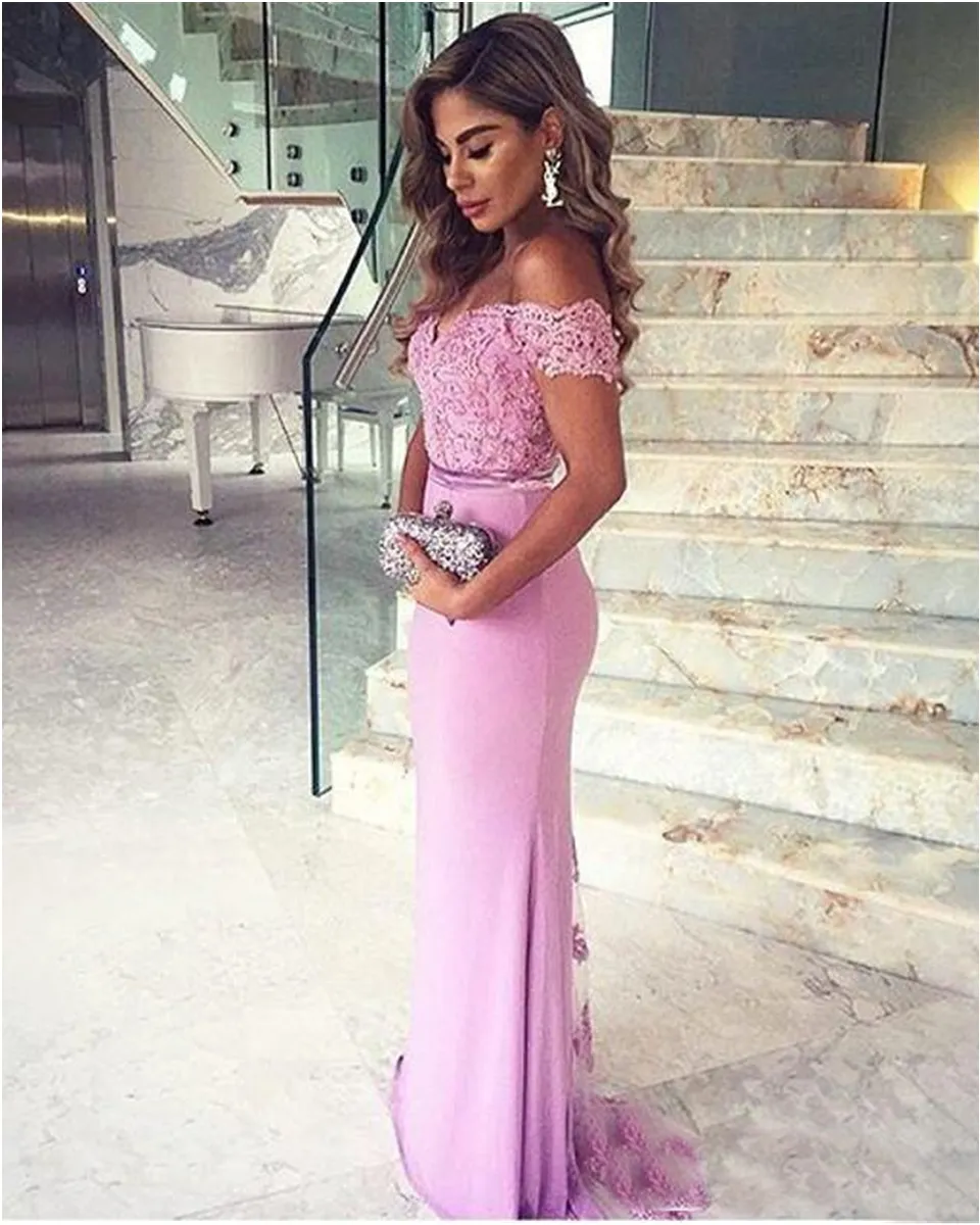 chinese dress ladies Off the Shoulder Purple Lace Prom Dresses, Purple Off Shoulder Lace Formal  Bridesmaid Dresses main image 1