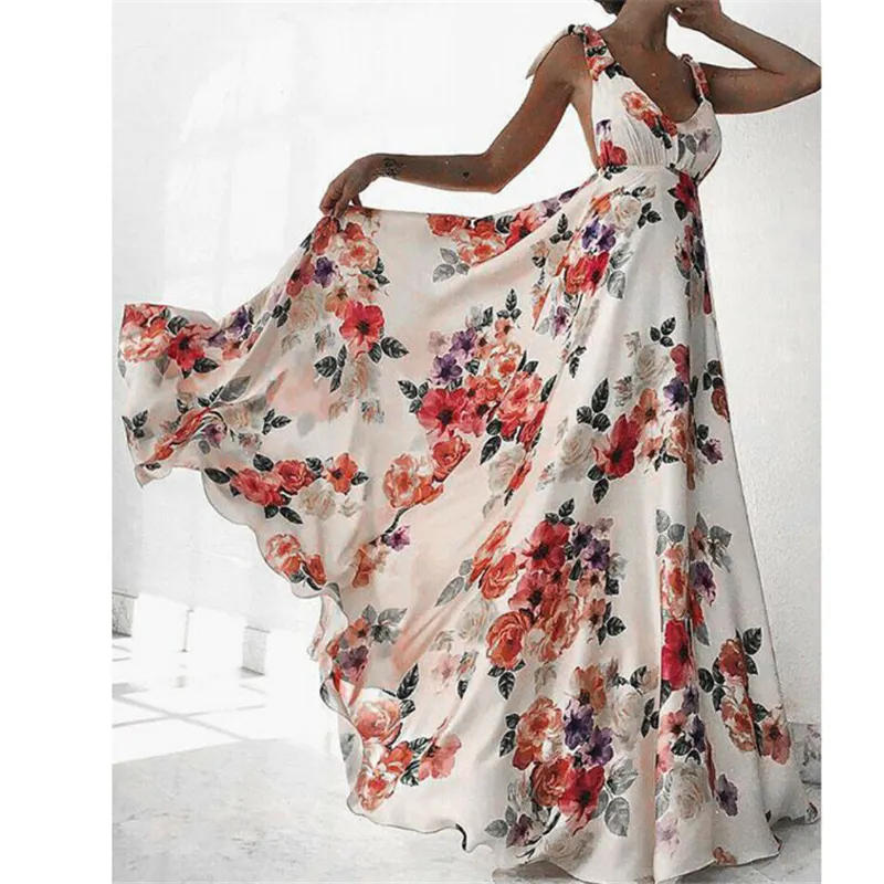 Floral Print Dresses Women Summer Sleeveless V-Neck Backless Vintage Long Boho Party Cocktail Casual Loose Beach Pink Dress 2019