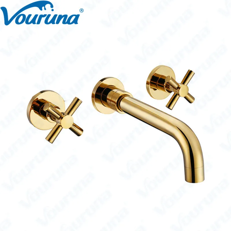 VOURUNA Golden wall mount 3-hole bathroom faucet حوض صنبور الماء البارد الساخن