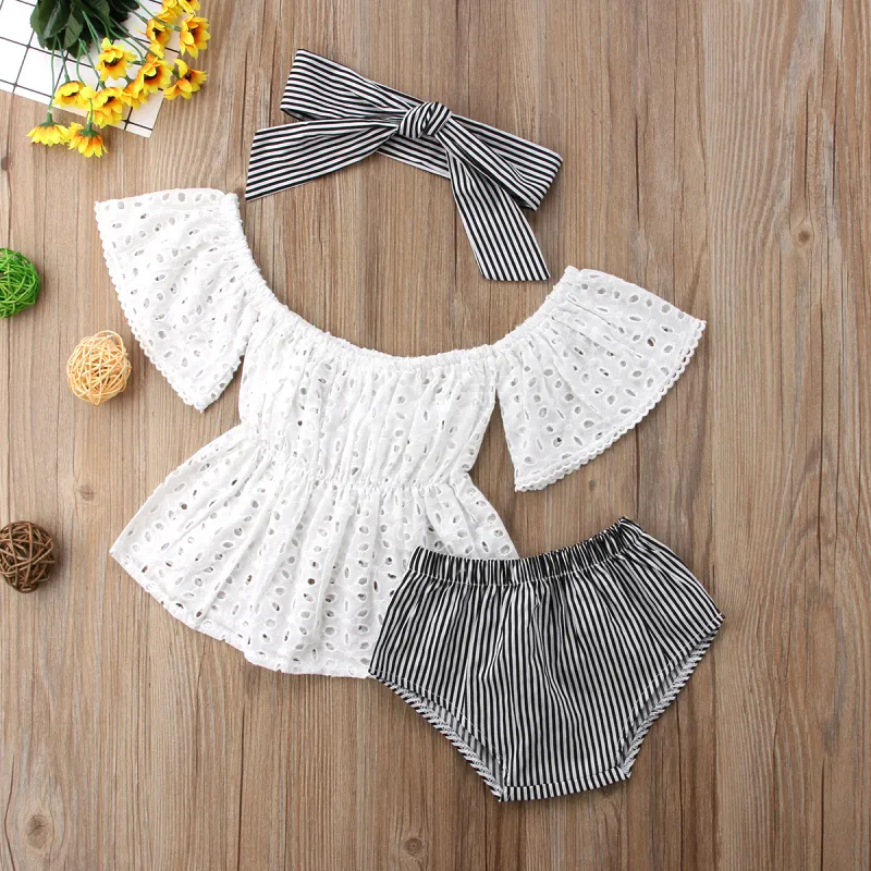 3pcs toddler baby flicka kläder set spets ihålig ut kortärmad topp med rand shorts och huvudband 3pcs outfits set kläder