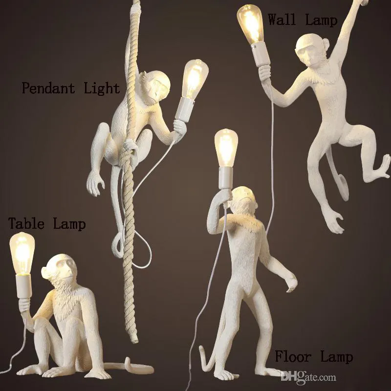Modern white/Black Monkey Hemp Rope Pendant Light Fashion Simple Art Nordic Resin Seletti Hanging Monkey Lamp
