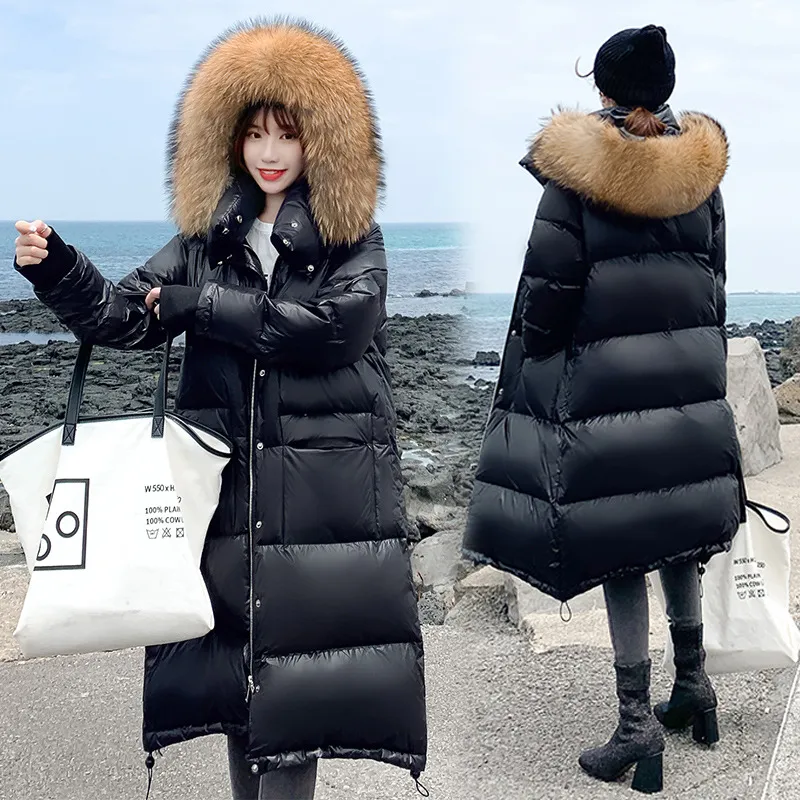 2019 Vinterhooded Warm Down Coat Womens Tjockade Långa Jackor Med Fur Kvinna Vinter Parka Puffer Coat Stor storlek XS-5XL