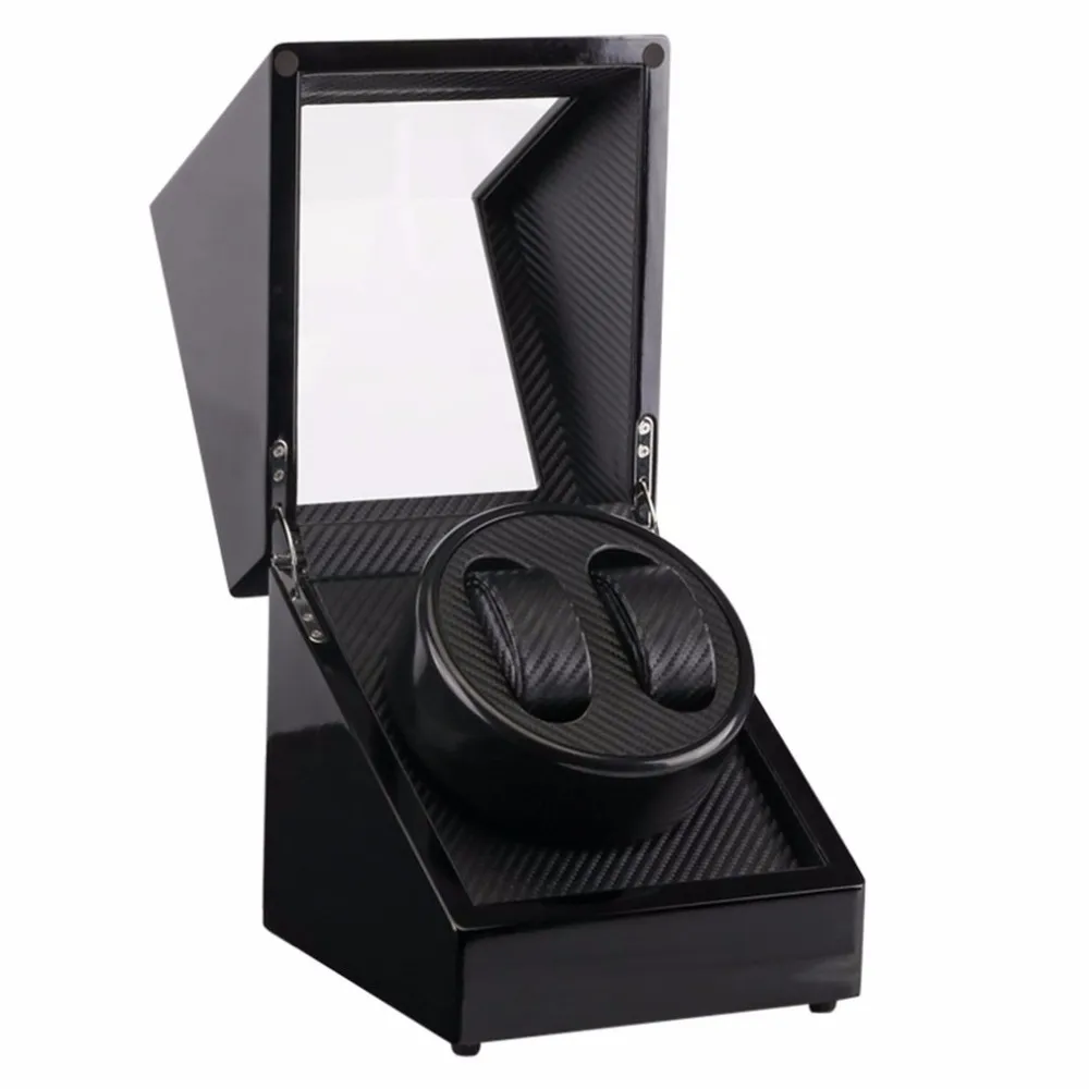 Wooden Lacquer Piano Glossy Black Carbon Fiber Double Watch Winder Box Quiet Motor Storage Display Case US PLUG Watch Shaker296S