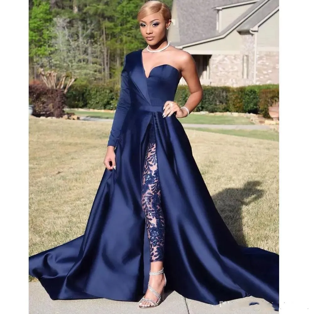 2020 New Dubai One Shoulder Pant Suits Prom Dresses A Line Royal Navy High Split Long Sleeves Formal Party Jumpsuit Celebrity Evening Gowns