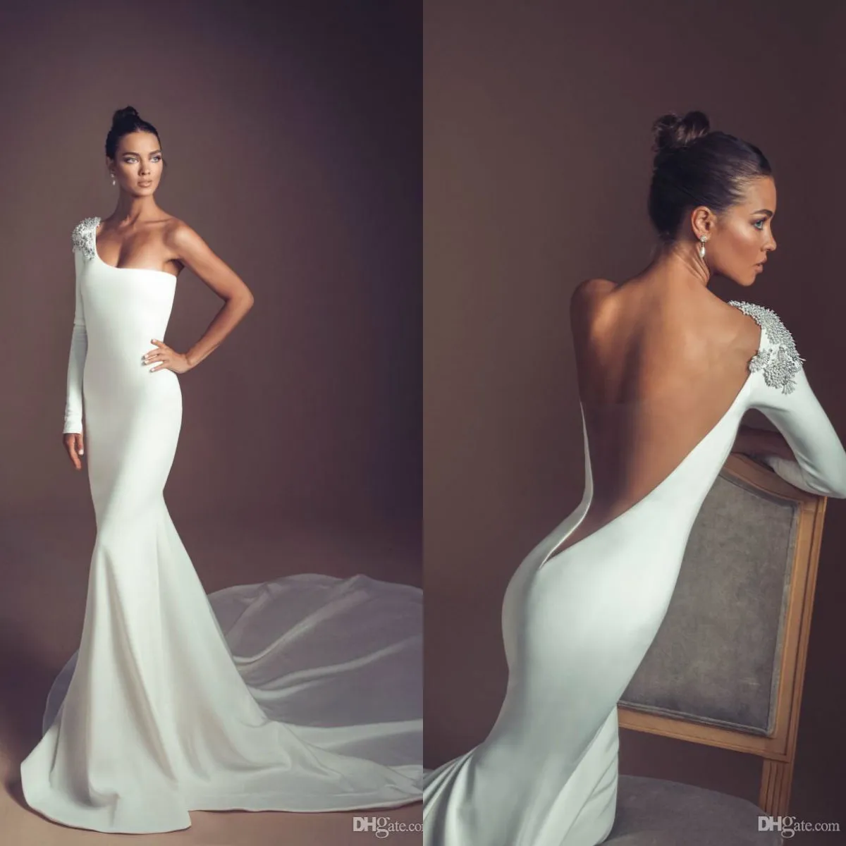 Elihav Sasson 2020 sirena vestidos de novia un hombro manga larga satinado vestidos nupciales cristal sin espalda barrido tren vestido de novia barato