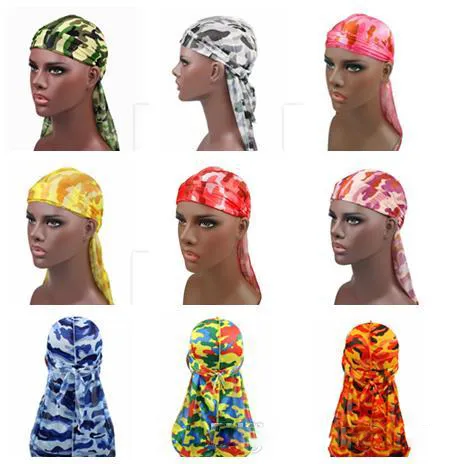 9 색 Unisex 남자 Durags 반다나 Turban 모자 위장 인쇄 긴 꼬리 해적 모자 모자를 쓰고 있죠 헤어 액세서리