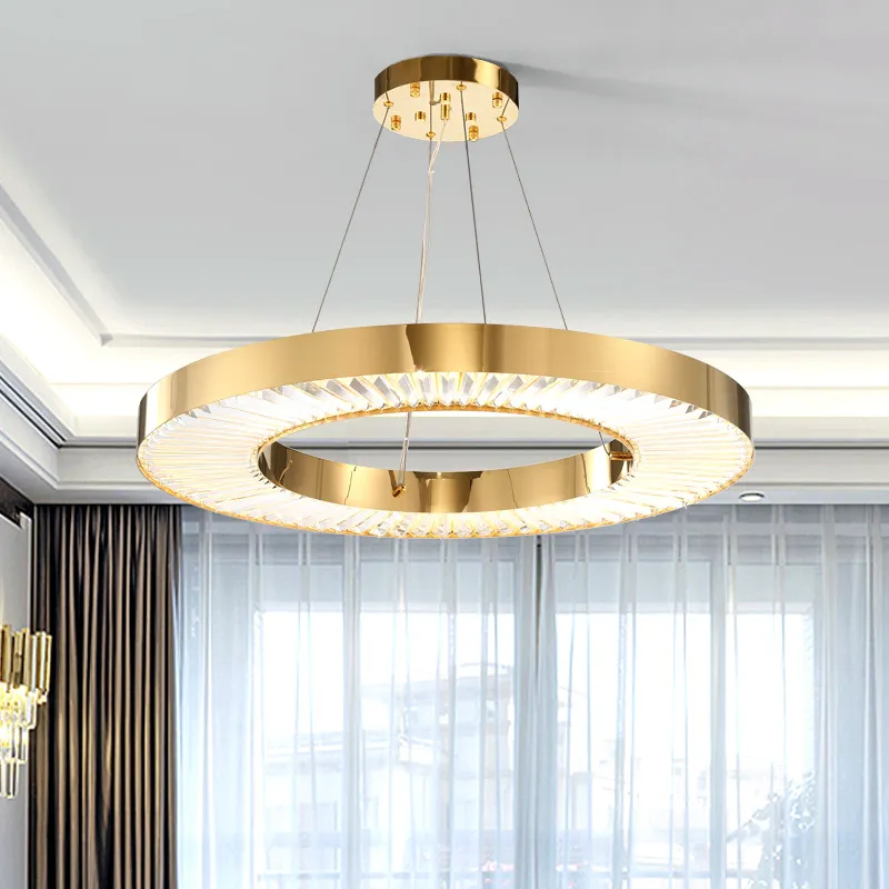 Cirkel LED ljuskrona belysning för vardagsrum guld modern kristall lampa sovrum polerad stål ring lustres de cristal ac100-240v