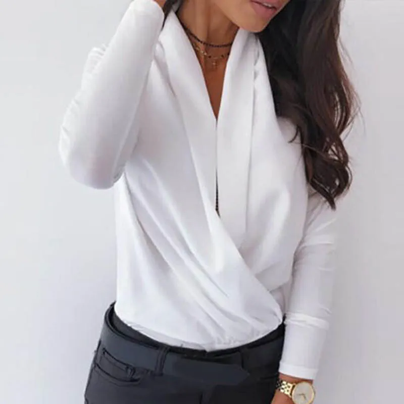 Womens Deep V Neck Blouse Draped Long Sleeve Slim Casual Female