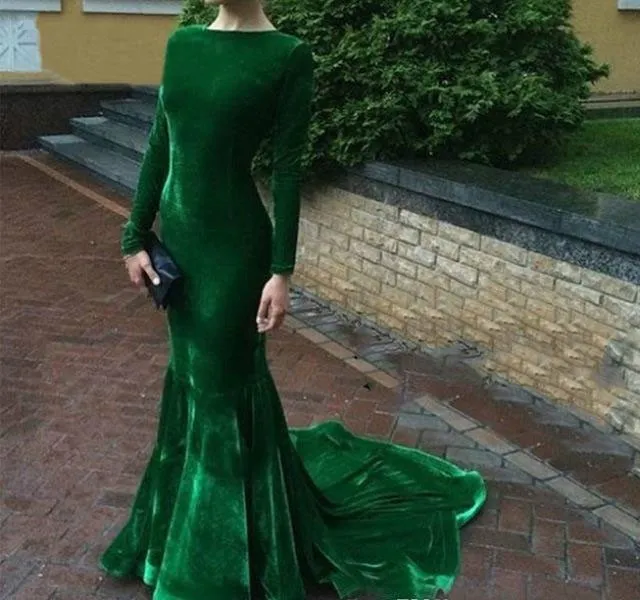 2019 Tanie Hunter Green Velvet Suknie Wieczorowe Mermaid Bateau Arabskie Długie Rękawy Formalne Wakacje Wear Party Suknia Custom Made Plus Size