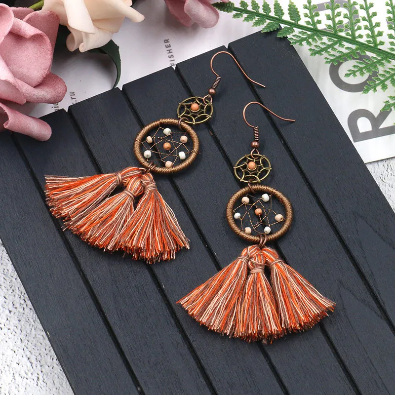 Turquesa Beads Dream Catceiro Lã Fringed Setor Borla Brinco Colorido Estilo Étnico Eardrop Moda Mulheres Brincos Jóias Criativo Presente