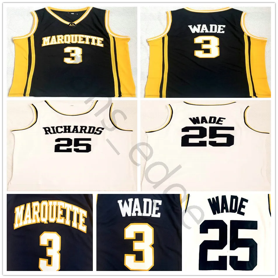 NCAA Marquette Golden Eagles College Dwyane #3 Wade Blue Jersey Richards Lisesi #25 Dwyane Wade Beyaz Dikişli Basketbol Formaları