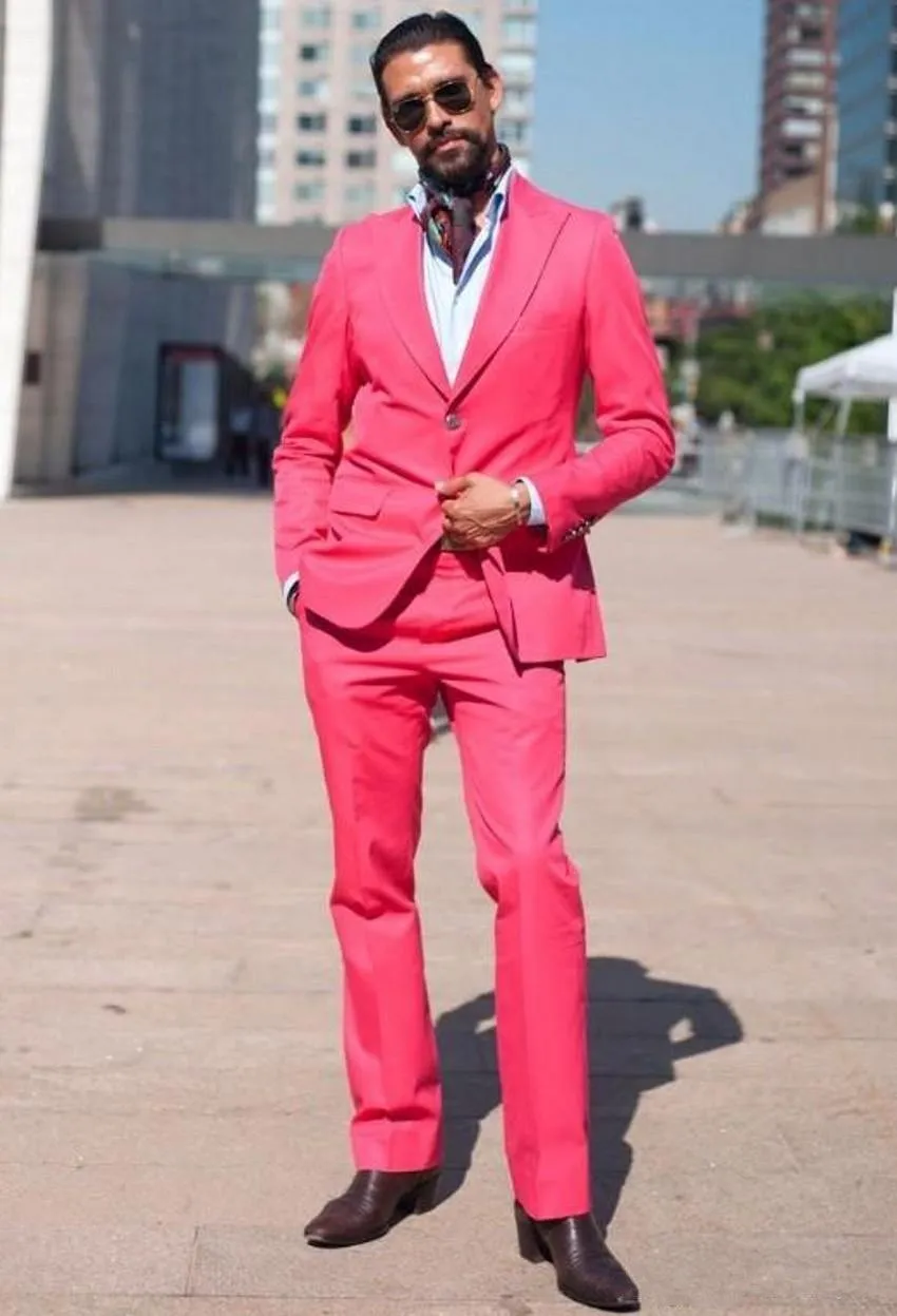 Nieuwe populaire twee knoppen hot roze bruiloft mannen pakken piek revers twee stukken zakelijke bruidegom smoking (jas + broek + tie) W1240