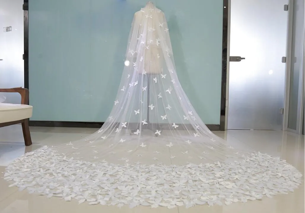 Gerçek Görüntü Kelebek Gelin Veils Beyaz Sırf Tül Çift Katmanlar Krep Uzun Peçe Düğün Veils Stokta Gelin Aksesuarları Ücretsiz Nakliye