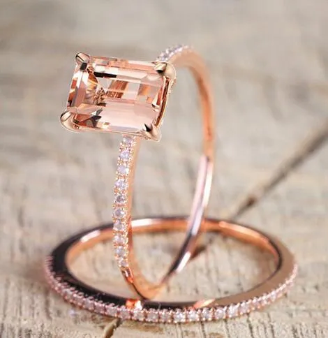 Weibliche Quadrat Ring Set Luxus Rose Gold Gefüllt Kristall Zirkon Ring Hochzeit Band Versprechen Verlobung Ringe Für Frauen Schmuck Geschenke