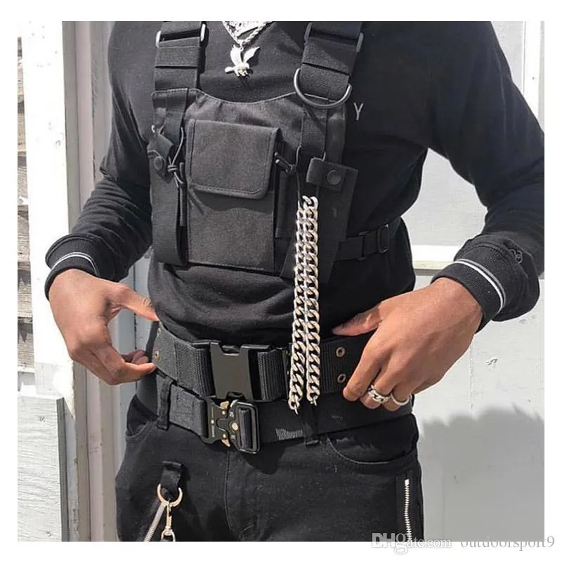 Gilet noir réglable en Nylon, sac de poitrine tactique Hip Hop, Streetwear, harnais fonctionnel, plate-forme de poitrine Kanye, sac de taille à la mode