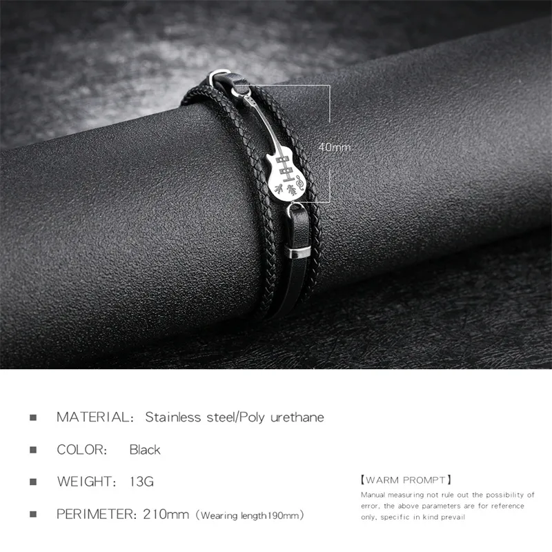 Unique Stainless Steel Guitar Bracelets Customized Logo Leather Bracelet for Men Rope Bangle Drop shipping