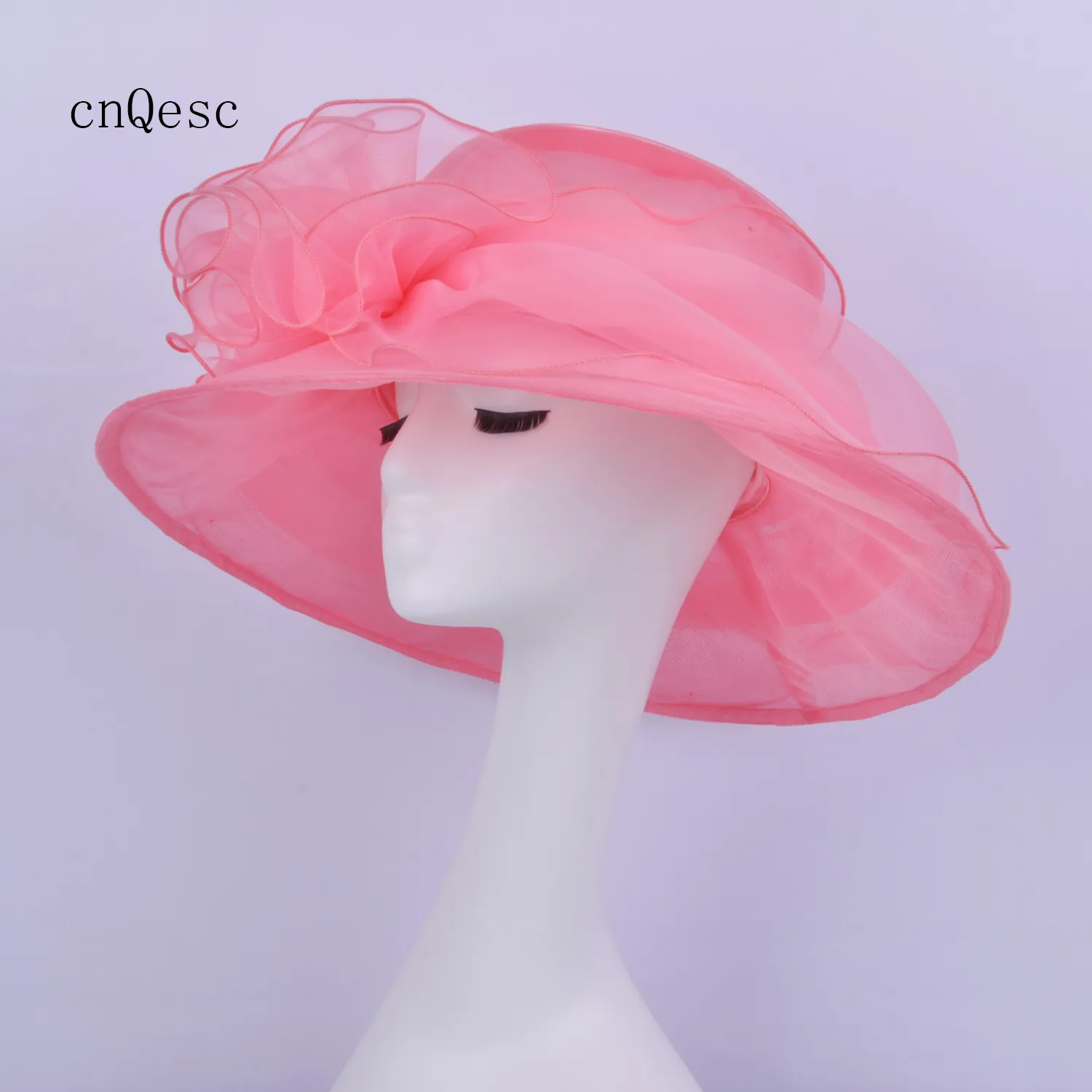 2019 Grande cappello da organza rosa corallo cappello netto per Kentucky derby chiesa razze di nozze festa w / fiore.