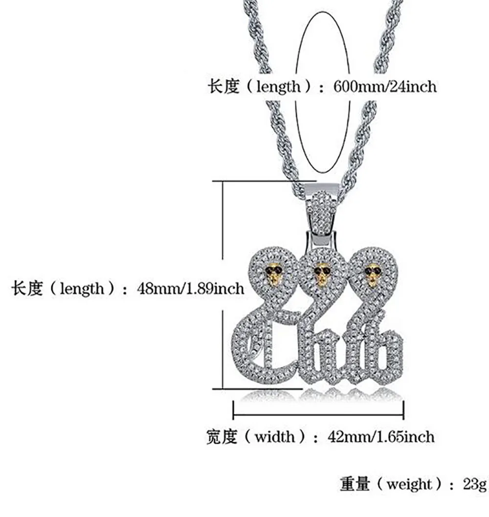 Vitt guldskalle 999 Klubbhänge halsband med 60 cm repkedjan halsband av hög kvalitet kubik zirkoniumhiphop smycken 281r