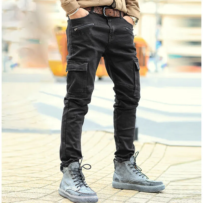 Männer Herbst solide Zipper lässig gewaschene Jeans Männer Jeans schwarz hochwertige Mode Multi-Taschen-Hosen Männer Marke Design