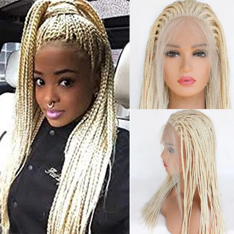 Braided Lace front Wigs with Baby Hair 613 Blonde Hair for Women Synthetic Heat Resistant Long Braids Wig Glueless Half Hand Tied