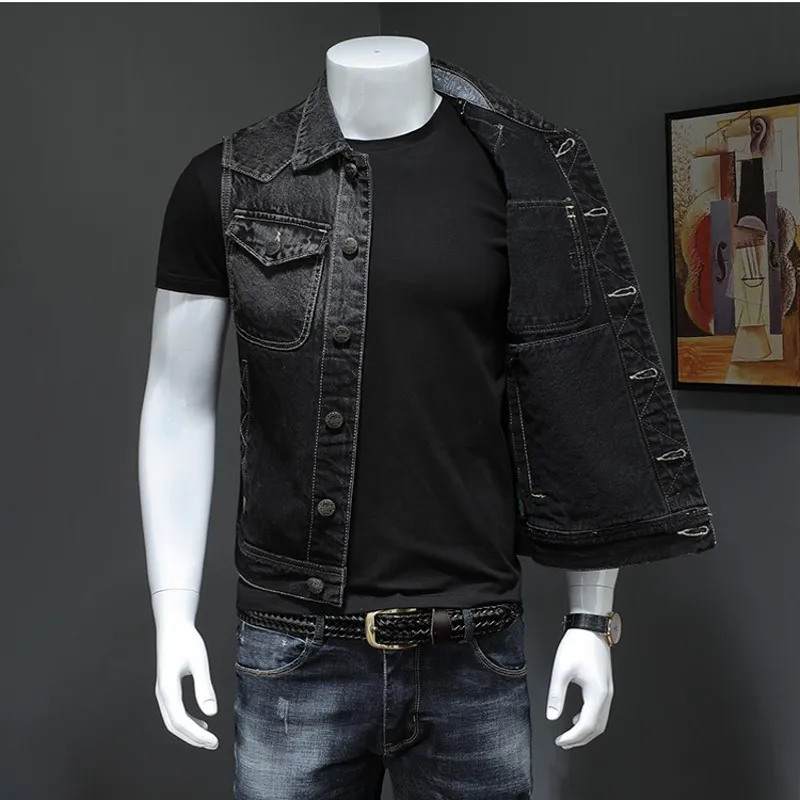 Gilet Da Uomo Moto Black Uomo Denim Vest Vintage Senza Maniche
