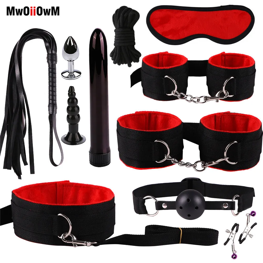 MwOiiOwM Exotic Accessories Nylon Sex Bondage Set Sexy Lingerie Handcuffs Whip Rope Anal Vibrator Adult Sex Toys for Couples