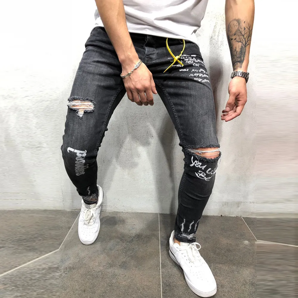 Ropa De Hombre 2019 Nuevo Pantal n Negro El stico Con Agujeros