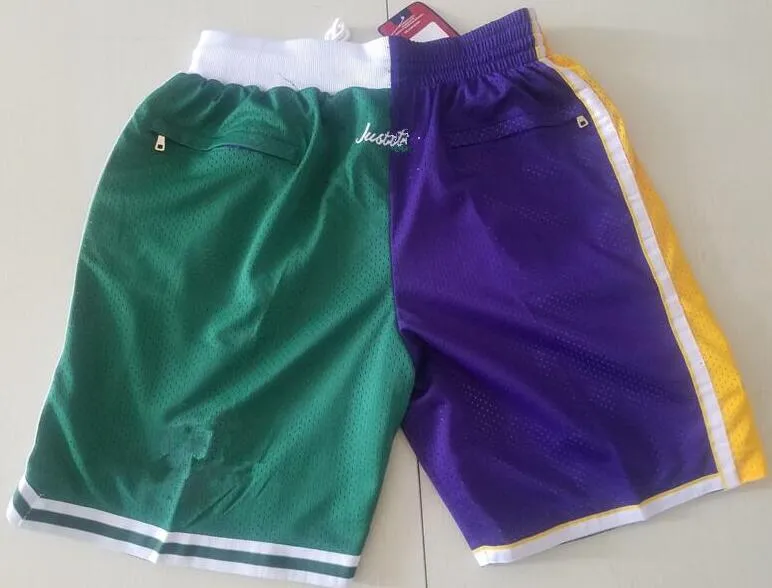 New Team 2008 the Finals Vintage Baseketball Shorts Zipper Pocket Running Clothes Green and Purple Splite Just Done Size S-XXL