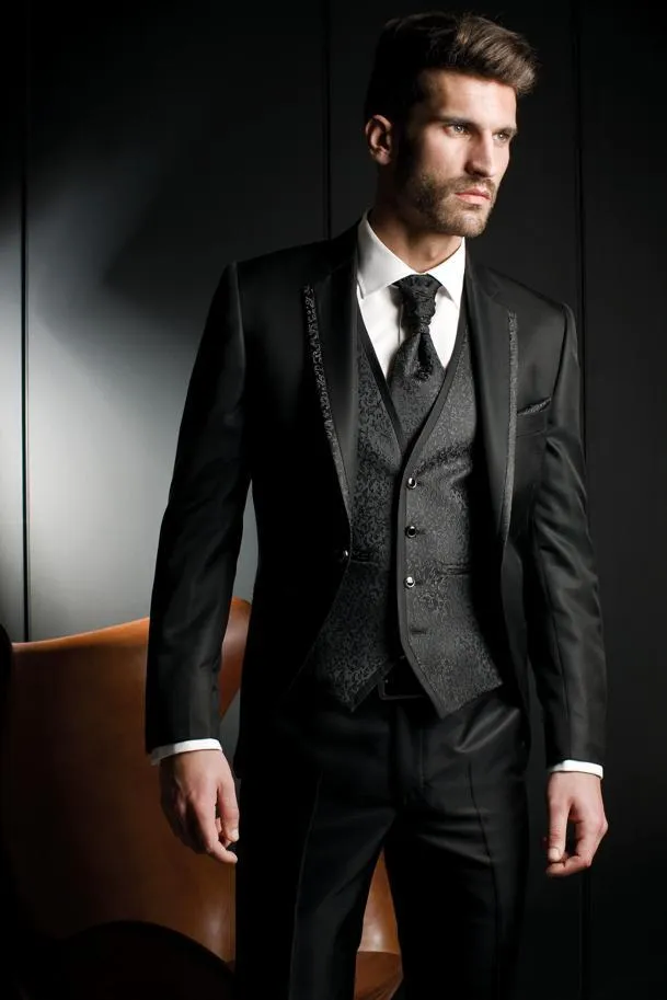 Fashion Black Groom Tuxedos Notch Lapel Groomsmen Mens Wedding Dress Excellent Man Jacket Blazer 3 Piece Suit(Jacket+Pants+Vest+Tie) 965