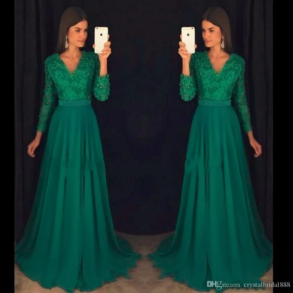 Green A Emerald Line Dresses V Neck Long Seces Lace Appliques Chiffon Pärlade pärlor Sop Train Formal Evening Dress Party Gowns Ppliques