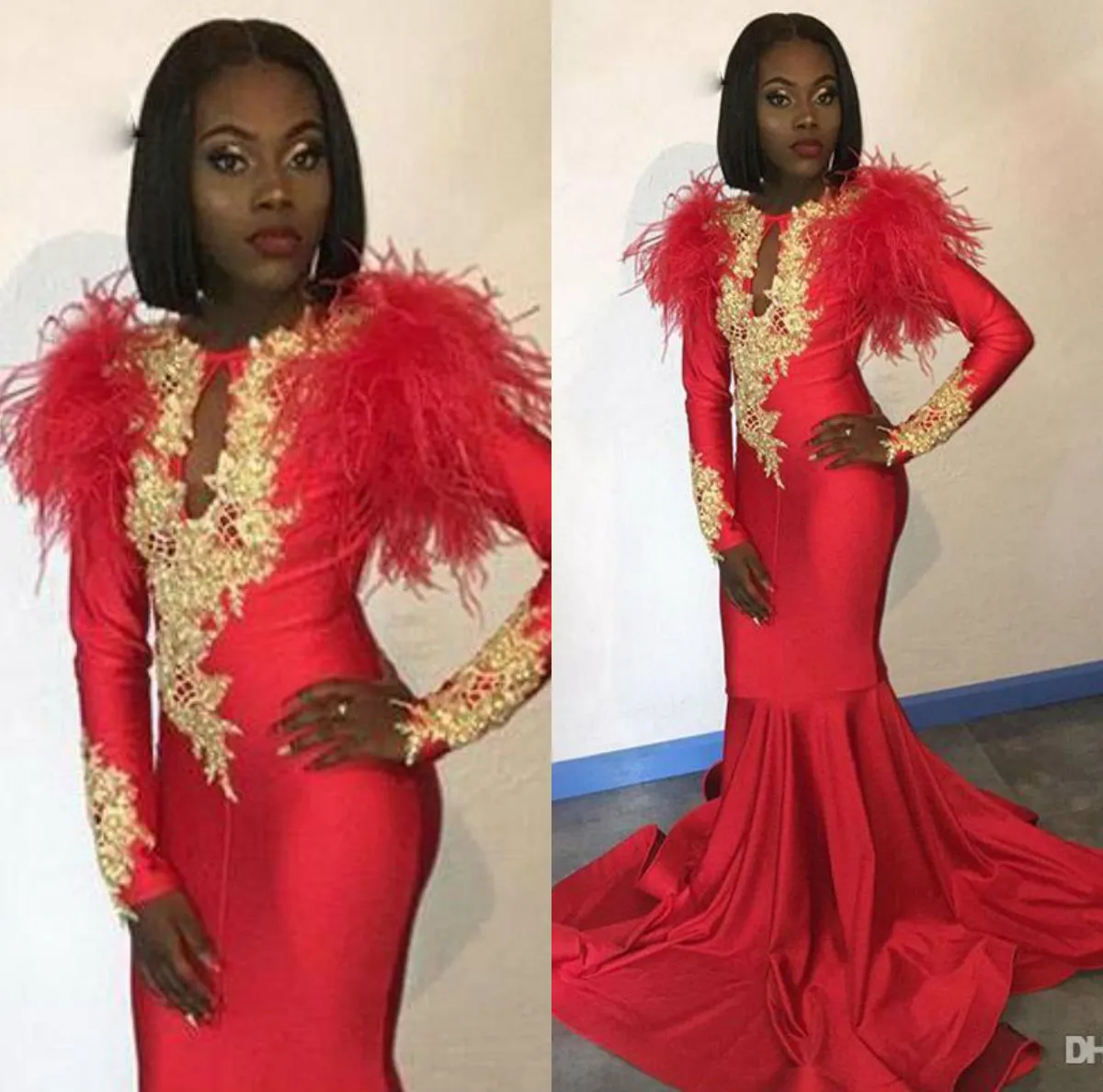 Africain Red Sirène Robes de bal à manches longues Appliques d'or plumes satin robe de soirée formelle Black Femmes Pageant Robes de fête Custom