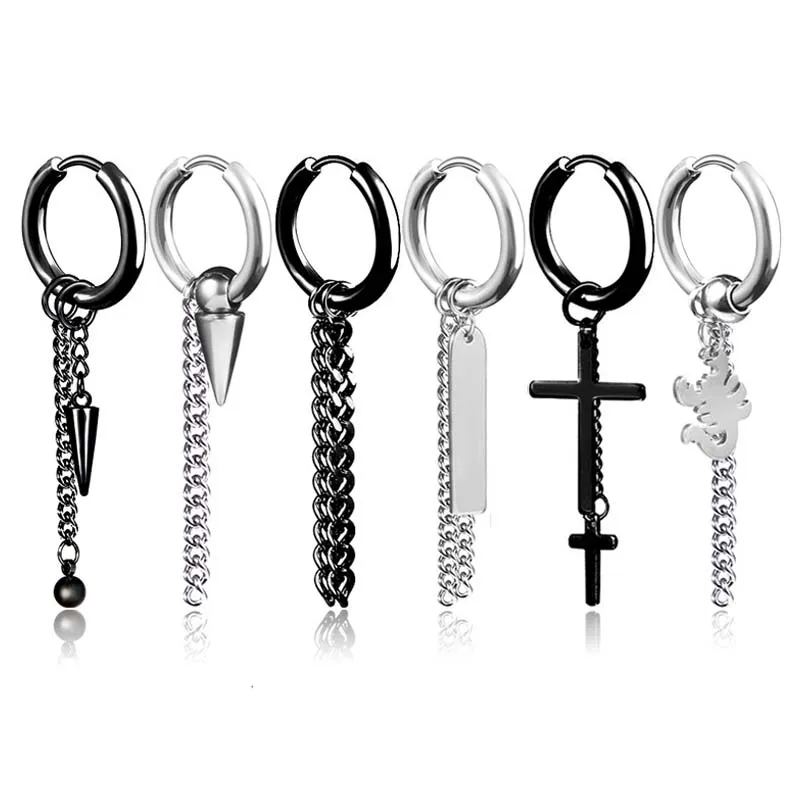 Łańcuchy stali nierdzewnej Tassel Hoop Kolczyki Skorpion Cross Ear Mankiet Kobiety Mens Hiphop Fashion Biżuter