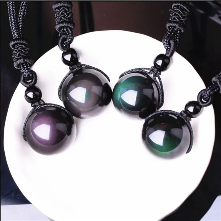 10MM Natuursteen Zwart Obsidiaan Rainbow Eye Beads Ball Hanger Transfer Lucky Love Crystal Sieraden Met Gratis Touw Voor Vrouwen en Mannen